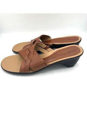 CLARKS Brown Woven Leather Cross Strap Slide Sandals Notched Wedge Heel Size 11